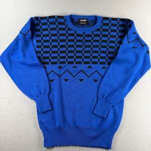 Vintage Ossi Skiwear Sweater Mens L Blue Black Geometric Wool Blend 80s Ski